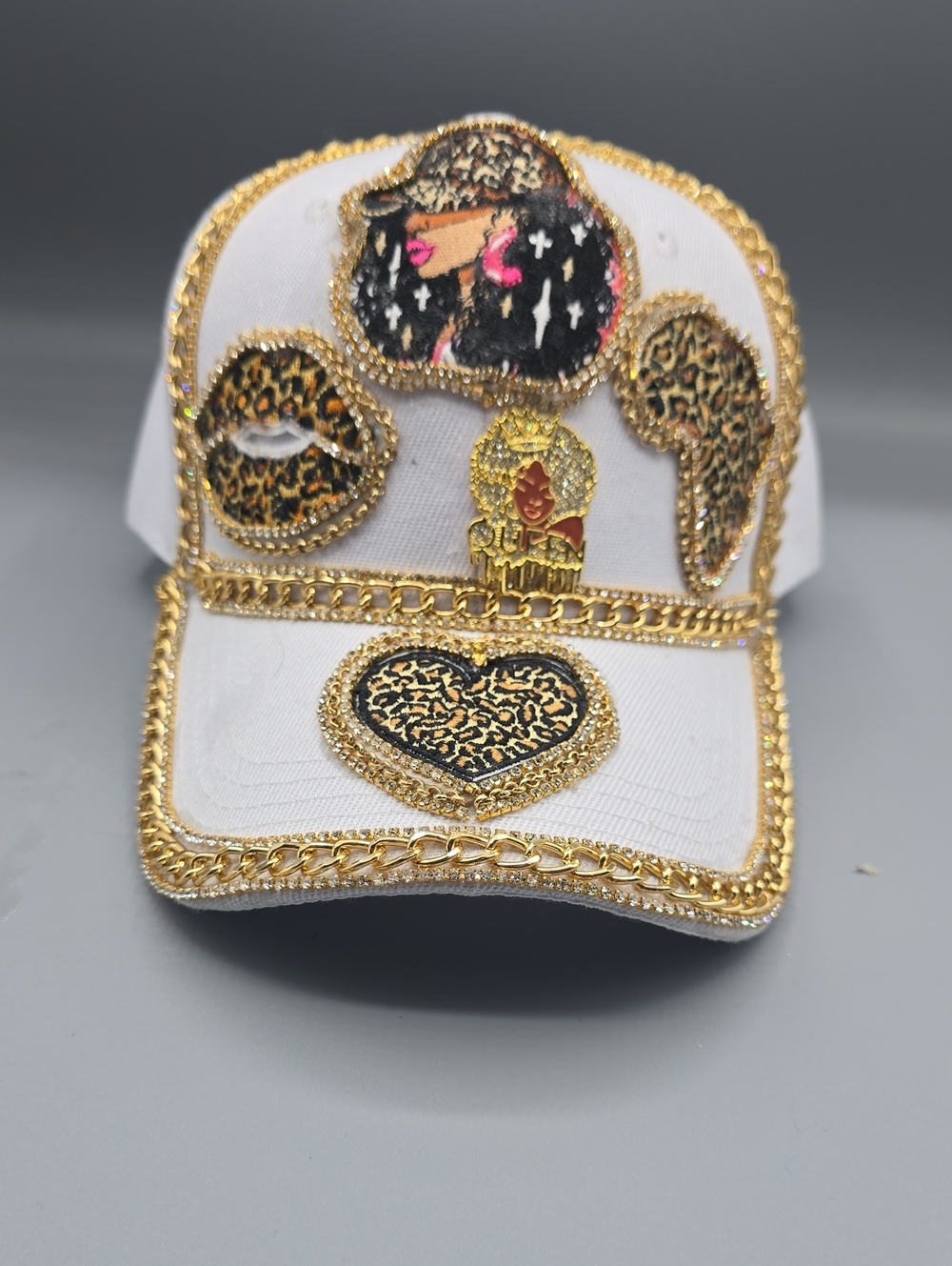 Gold-Embellished White Women's Baseball Cap with Leopard Accents